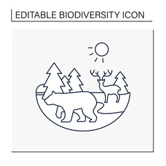 Taiga forest line icon. Boreal forest or the coniferous forest. Living place for dangerous and wild animals. Winter forest landscape. Biodiversity concept. Isolated vector illustration.Editable stroke