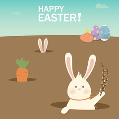 Happy Easter. Easter Rabbit Bunny looking from a hole. Cute cartoon rabbit character with chicken, Paschal egg, carrot. Design template for Banner, flyer, invitation, greeting card, poster.