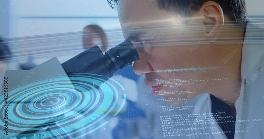 Poster animation of scope scanning and data processing over scientist using microscope in laboratory
