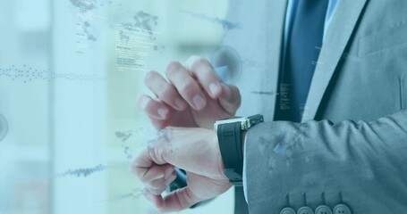 Animation of data processing and world map over businessman checking smartwatch - Powered by Adobe