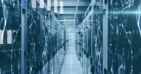 Animation of statistics recording and data processing over tech room with computer servers - Powered by Adobe