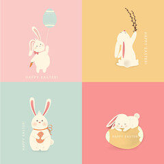 Happy Easter. Easter Rabbit Bunny standing behind a blank sign, showing on big blank sign. Cute, funny cartoon rabbit character with white copy space. vector illustration.