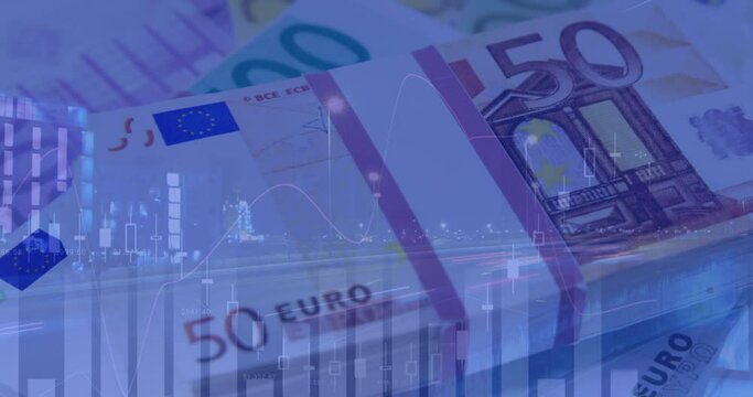 Animation of financial data processing over euro currency banknotes