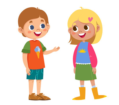 Two school children talking vector. Characters family brother and sister. Boy and girl kids. Illustration funny clipart set. Isolated image