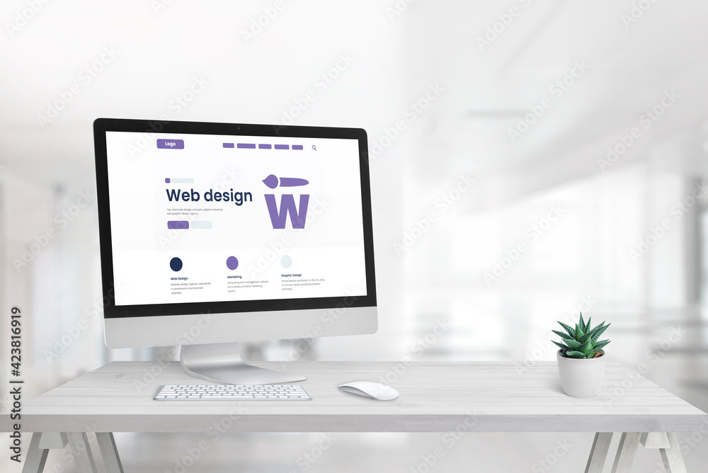 Poster Web design studio with promo page on computer display and copy space beside