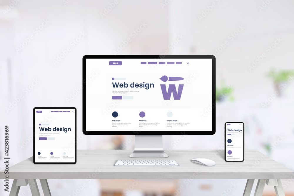 Aufkleber Responsive web desing studio page promotion on tablet, computer display and smart phone. Creative web page concept. Clean office desk with devices