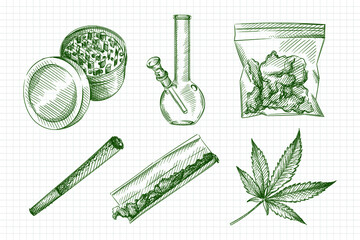 Hand drawn sketch set of Weed smoking tools. Marijuana smoking. Weed grinder, Marijuana Leaf, Glass bong, weed pocket, rolling marijuana blunt; marijuana blunt; rolled cannabis, cigarette	 - 423816970