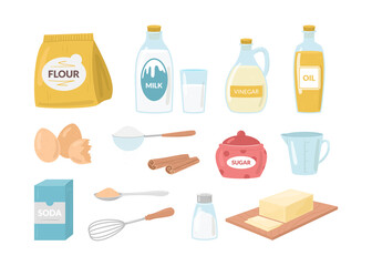 Cartoon Color Cake Baking Ingredient Icon Set. Vector