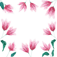 Fototapeta na wymiar Pink acrylic flowers frame isolated on white background. Beautiful floral template, copy space, backdrop. Botanical design element for cards, invitations, greetings, banner, blank and decoration.