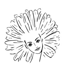 Black and white portrait of beautiful girl with aster daisy petal hairstyle. Woman with flower on head. Image concept for flower horoscope. Hand drawn, art line vector, isolated on white background.