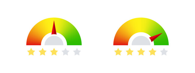 Rating scale. Satisfaction meter. Rating stars. Minimum to maximum indicator. Vector illustration