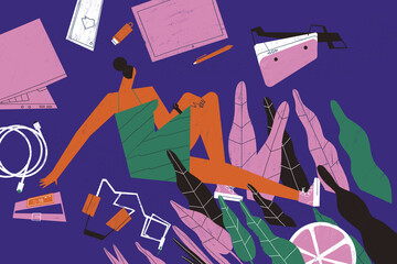 Young techie addict adult person surrounded by technology devices and gadgets. Technology concept.