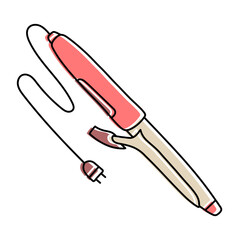 Curling iron. Hairdressing equipment line sketch. Professional hair dresser tool. Hand drawn doodle icon. Vector illustration. Barber symbol