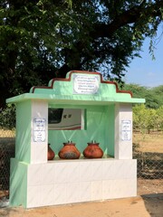 Clay water pots are everywhere in Myanmar, they are refilled by people looking to make a good deed in buddhist tradition