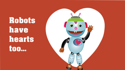 Robots have hearts too. Vector illustration of a robot with heart on red background.