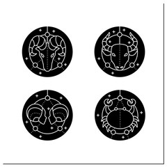Fototapeta premium Zodiac glyph icons set. Fourth fire signs in zodiac. Birth symbols.Cancer, gemini, aries, taurus. Mystic horoscope signs.Astrological science.Filled flat sign. Isolated silhouette vector illustrations