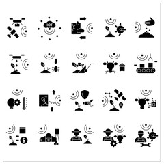 Smart farm glyph icons set. Consist of IoT sensors, irrigating land, pests and weeds elimination.Agricultural innovation concepts.Filled flat signs. Isolated silhouette vector illustrations