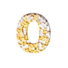 Number zero made of medical pills and paper cut null shape isolated on white. Typeface from...