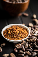 Roasted cocoa beans and cocoa powder in bowl