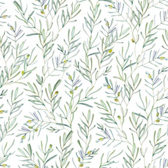 Seamless watercolor pattern with sprawling olive branches with fruit. Mediterranean plants. Weddings, summer and spring holidays. For packaging, invitations, cards
