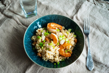 Spanish dish paella with seafood, shrimps, rice, saffron.