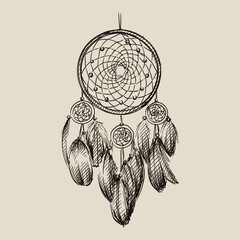 Hand drawn sketch of Amulet of the Dream catcher on a white background. Dream catcher amulet. Spider. amulet for good dreams 