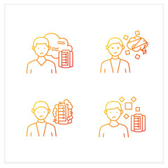 Information overload gradient icons set. Consists of cognitive dissonance, comparative research method, data smog.Isolated vector illustrations.Suitable to banners, mobile apps and presentation