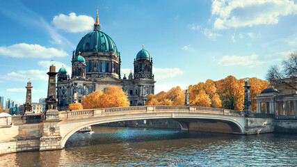  Berlin Cathedral with a bridge over Spree river in Autumn