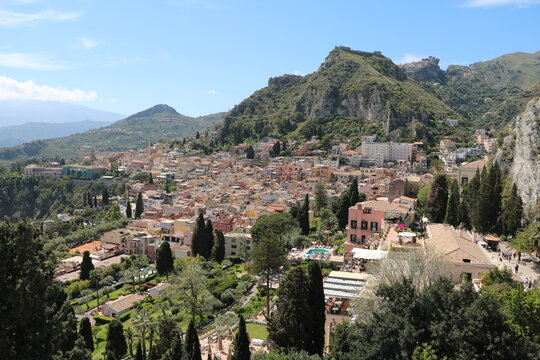View to Teatro antico di Taormina at Sicily, Italy