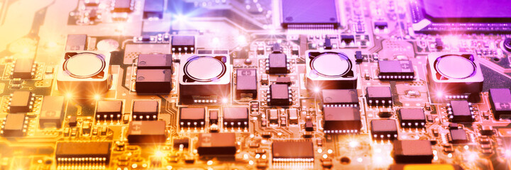 Closeup on electronic board in hardware repair shop, blurred and - obrazy, fototapety, plakaty