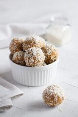 Homemade energy balls with carrots, nuts, coconut.