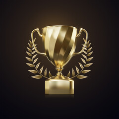 Golden champion cup with laurel wreath isolated on black background - 423822776