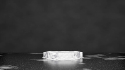 Premium luminiscebt marble podium. Geometry still life. Simplicity pedestal on the marble floor. Template for cosmetic. 3d rendering. Black background