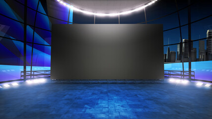 Event arena studio backdrop with a big videowall . Ideal for tv shows, presentations or events. A 3D rendering, suitable on VR tracking system sets, with green screen - obrazy, fototapety, plakaty