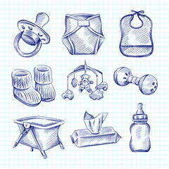 Hand drawn sketch set of baby and infants items. Pacifier, diapers, baby feeding bib, knitted baby booties, bed carousel, hanging rattle, noise rattle, playpen, wet wipes, milk bottle with pacifier.
- 423823121