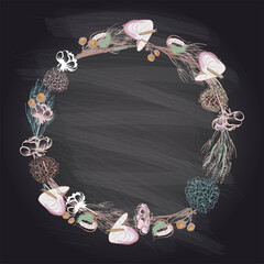 Round chalk graphic floral frame, art linear frame decorated flowers.