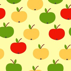 Seamless pattern. Red, green, yellow apples. Yellow background. Vegan or vegetarian. Healthy lifestyle. Nature and ecology. Agriculture and gardening. Post cards, wallpaper, textile, wrapping paper