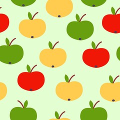 Seamless pattern. Red, green, yellow apples. Green background. Vegan or vegetarian. Healthy lifestyle. Nature and ecology. Agriculture and gardening. Post cards, wallpaper, textile, wrapping paper