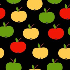 Seamless pattern. Red, green, yellow apples. Black background. Vegan or vegetarian. Healthy lifestyle. Nature and ecology. Agriculture and gardening. Post cards, wallpaper, textile, wrapping paper