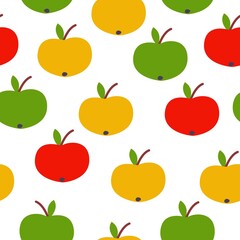 Seamless pattern. Red, green, yellow apples. White background. Vegan or vegetarian. Healthy lifestyle. Nature and ecology. Agriculture and gardening. Post cards, wallpaper, textile, wrapping paper