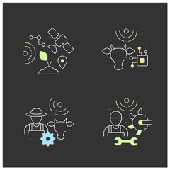 Smart farm chalk icons set. Consist of machinery technician, RFID identification, animal breeder, GPS geofencing.Agricultural innovation concepts.Isolated vector illustrations