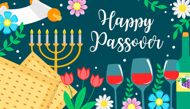 Jewish holiday Passover banner design with floral decoration, Happy Passover greeting card. Pesach celebration concept. vector illustration