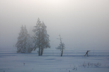 paysage enneigée de haute montagne en hiver avec une brume matinale