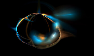 Fantastic and magical artwork in dark misty color palette of warm turquoise, orange and black. Far galaxy or deep space. Light celestial fluid bubble or amorphous shape, nebulosity and overcast.