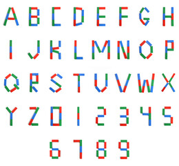 Letters A, B, C, D, E, F, g, H, I, J, k, L, M, N, O, p, q, R, S, T, U, V, W, X, Y, Z and numbers made of colored wooden blocks, construction bricks