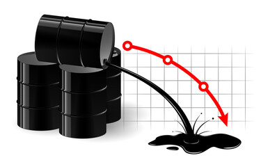 The chart of the fall in the oil price. Black liquid pouring out of the barrel. Very low fuel price.