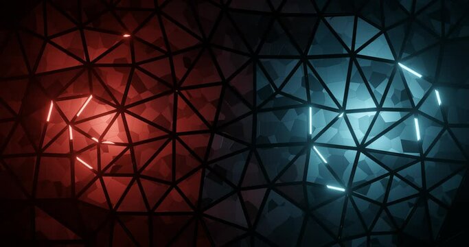 abstract polygonal animation with shining glittering red blue white lights. vs versus concept low key dark 4k background animation