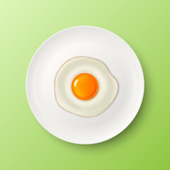Vector 3d Realistic White Porcelain, Ceramic Plate and Fried Egg, Omelette Closeup on Green Background. Design Template for Mockup. Stock Vector Illustration. Top View