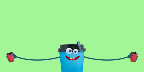 Composite image of smiling disposable cup holding cups in wide spreading hands. Welcome concept illustration.