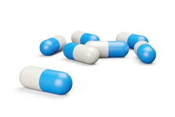 Blue and white pill capsules over white background, medical treatment, pharmaceutical or medication concept
